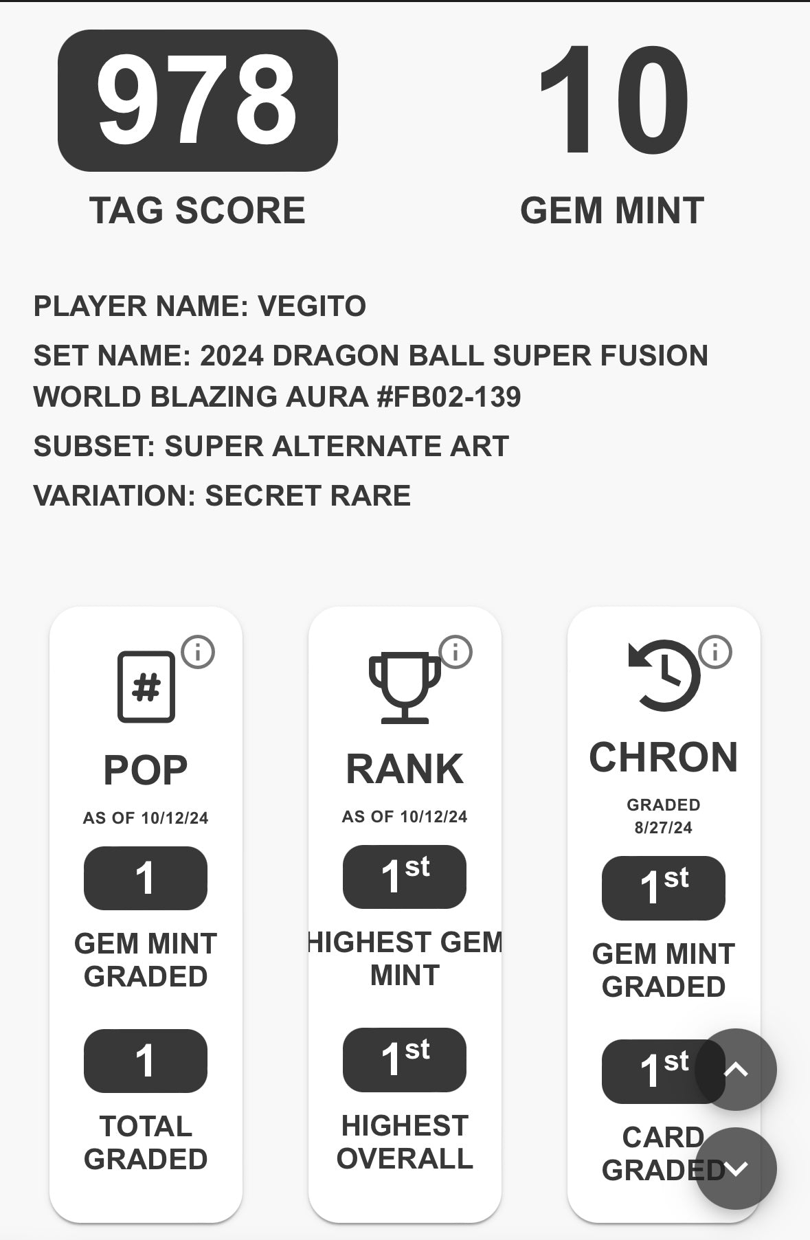 Vegito Secret Rare Super Alt Art (God Rare) TAG Gem Mint 10 (978)